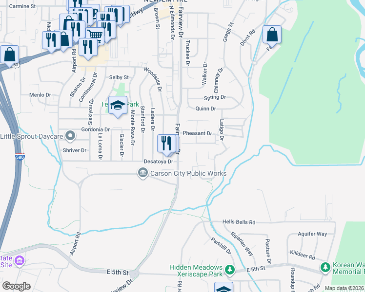 map of restaurants, bars, coffee shops, grocery stores, and more near 3907 Village Drive in Carson City