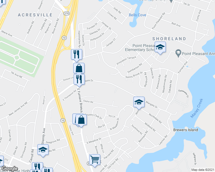 map of restaurants, bars, coffee shops, grocery stores, and more near 157 Margate Drive in Glen Burnie