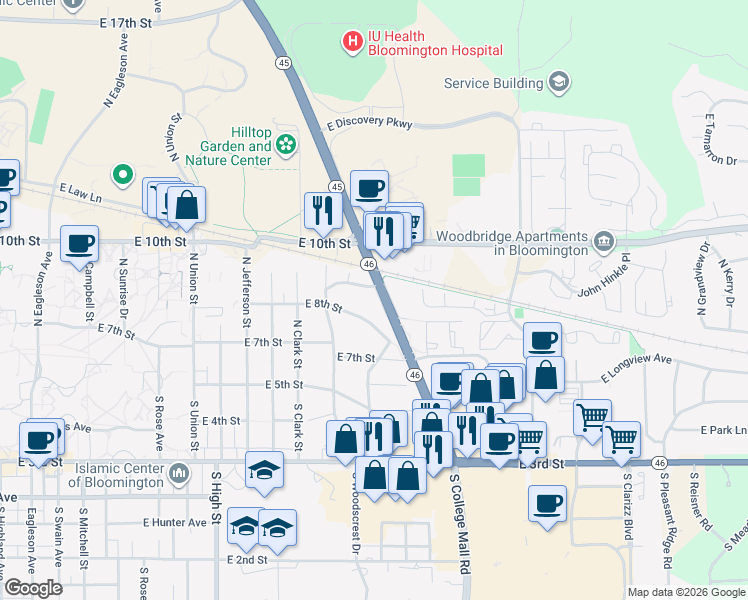 map of restaurants, bars, coffee shops, grocery stores, and more near 2536 Eastgate Lane in Bloomington