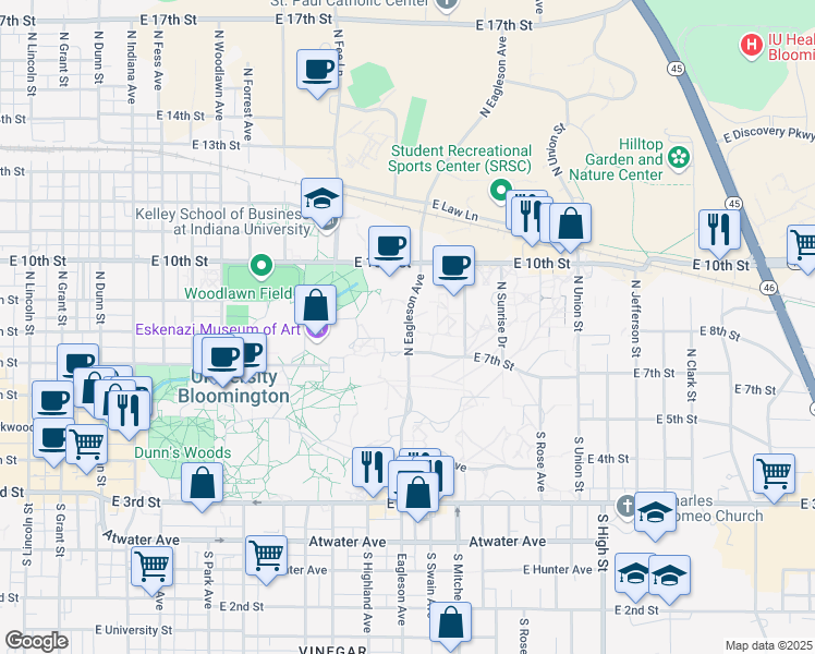 map of restaurants, bars, coffee shops, grocery stores, and more near 355 North Jordan Avenue in Bloomington