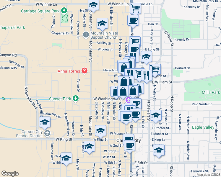 map of restaurants, bars, coffee shops, grocery stores, and more near 950 North Minnesota Street in Carson City