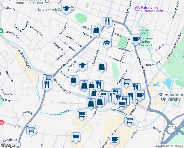 map of restaurants, bars, coffee shops, grocery stores, and more near 1640 South Braddock Street in Winchester