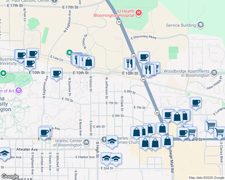 map of restaurants, bars, coffee shops, grocery stores, and more near 403 North Roosevelt Street in Bloomington