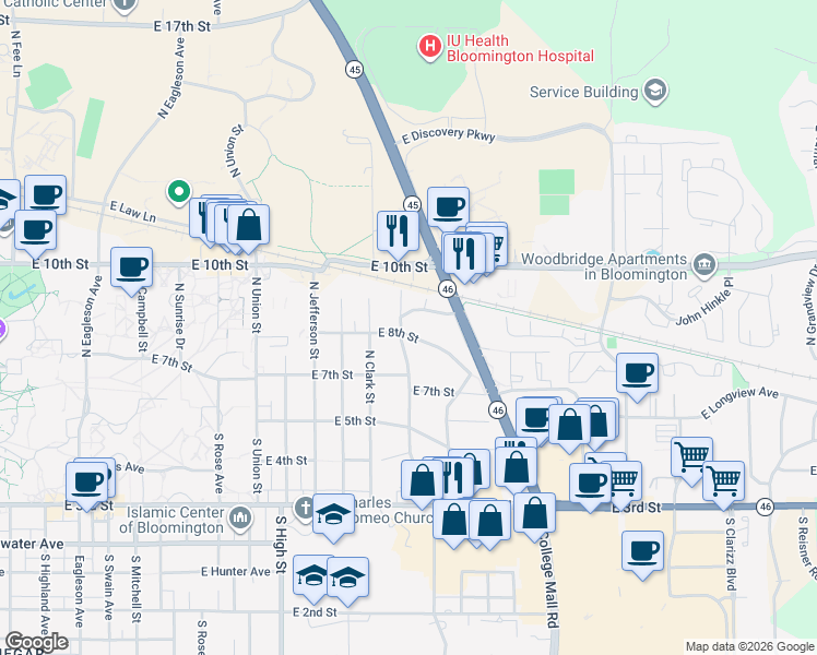 map of restaurants, bars, coffee shops, grocery stores, and more near 2501 East 8th Street in Bloomington