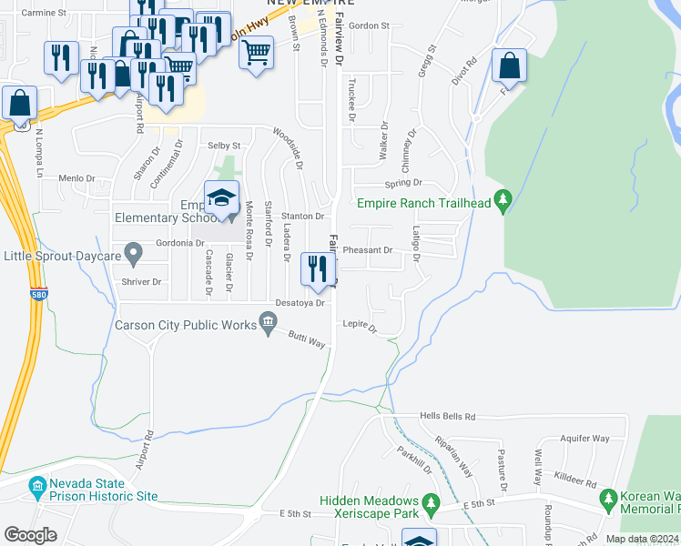 map of restaurants, bars, coffee shops, grocery stores, and more near 3903 Village Drive in Carson City