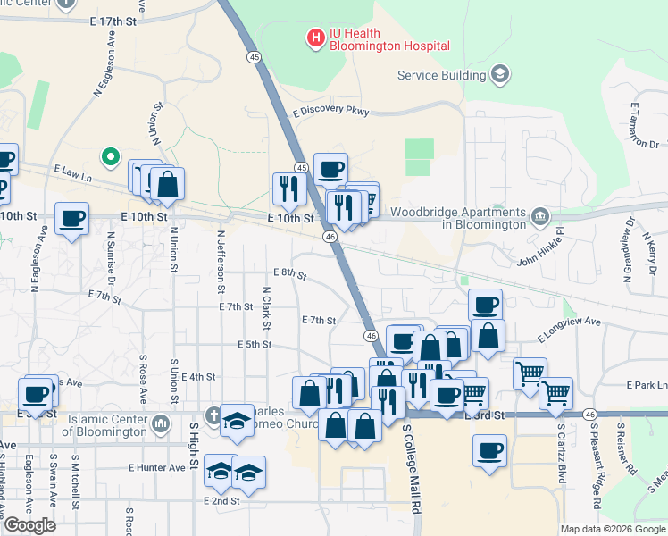 map of restaurants, bars, coffee shops, grocery stores, and more near 2536 Eastgate Lane in Bloomington