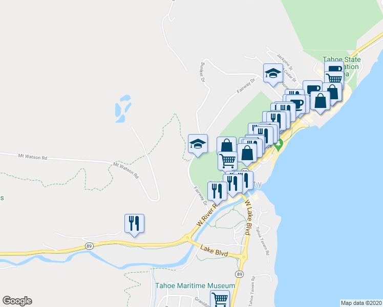 map of restaurants, bars, coffee shops, grocery stores, and more near 325 Fairway Drive in Tahoe City