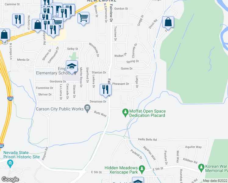 map of restaurants, bars, coffee shops, grocery stores, and more near 3923 Village Drive in Carson City