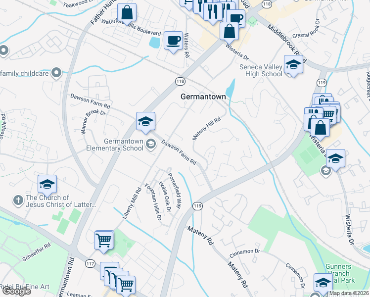 map of restaurants, bars, coffee shops, grocery stores, and more near 19203 Liberty Mill Road in Germantown