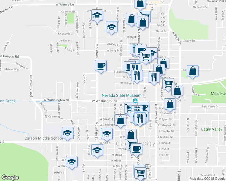 map of restaurants, bars, coffee shops, grocery stores, and more near 990 N Minnesota St in Carson City