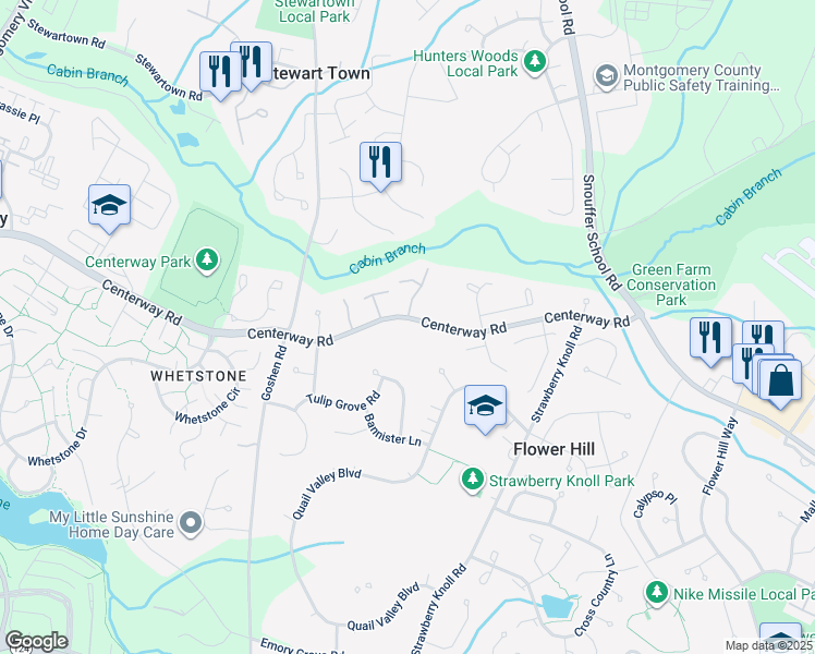 map of restaurants, bars, coffee shops, grocery stores, and more near 9012 Centerway Road in Gaithersburg