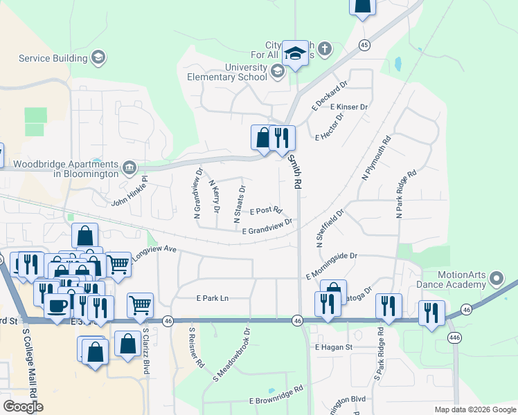 map of restaurants, bars, coffee shops, grocery stores, and more near 3601-3689 East Post Road in Bloomington