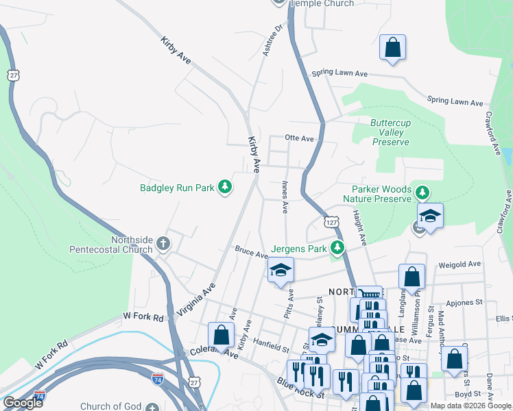map of restaurants, bars, coffee shops, grocery stores, and more near 4366 Virginia Avenue in Cincinnati