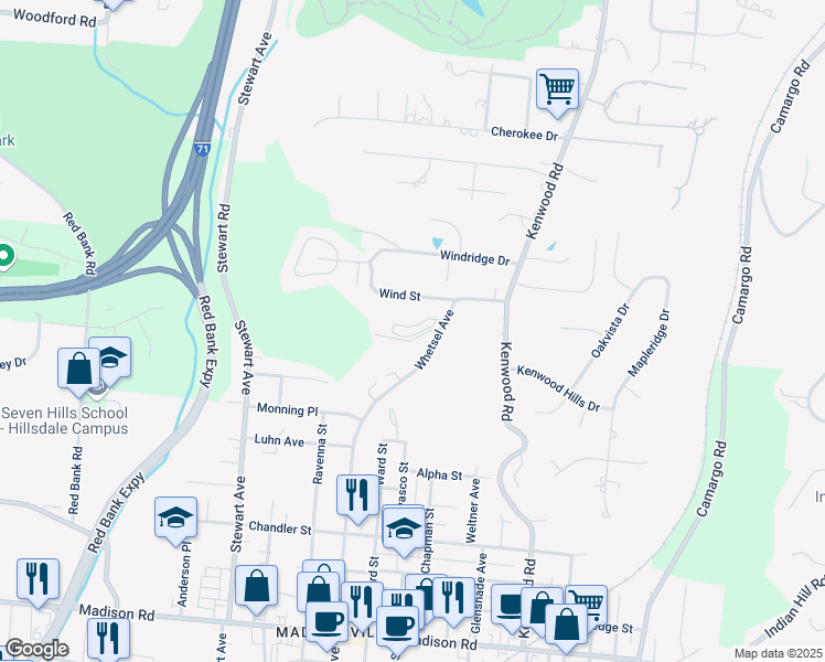 map of restaurants, bars, coffee shops, grocery stores, and more near 5957 Woodland Lane in Cincinnati