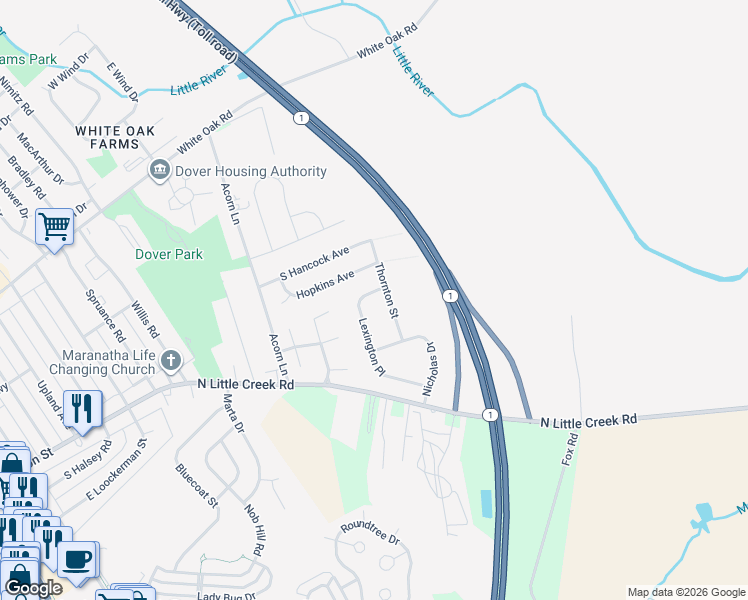 map of restaurants, bars, coffee shops, grocery stores, and more near 230 Thornton Street in Dover