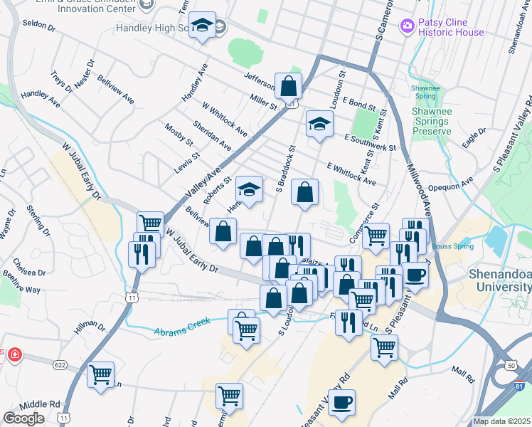 map of restaurants, bars, coffee shops, grocery stores, and more near 1640 South Braddock Street in Winchester