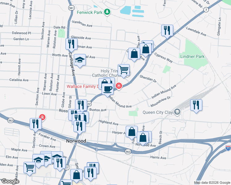 map of restaurants, bars, coffee shops, grocery stores, and more near 2325 O Brien Place in Cincinnati