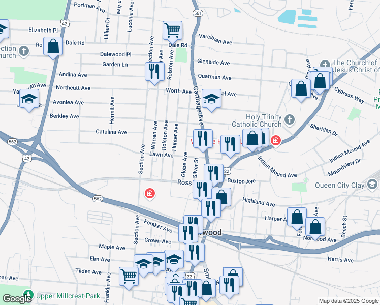 map of restaurants, bars, coffee shops, grocery stores, and more near 5200 Globe Avenue in Cincinnati