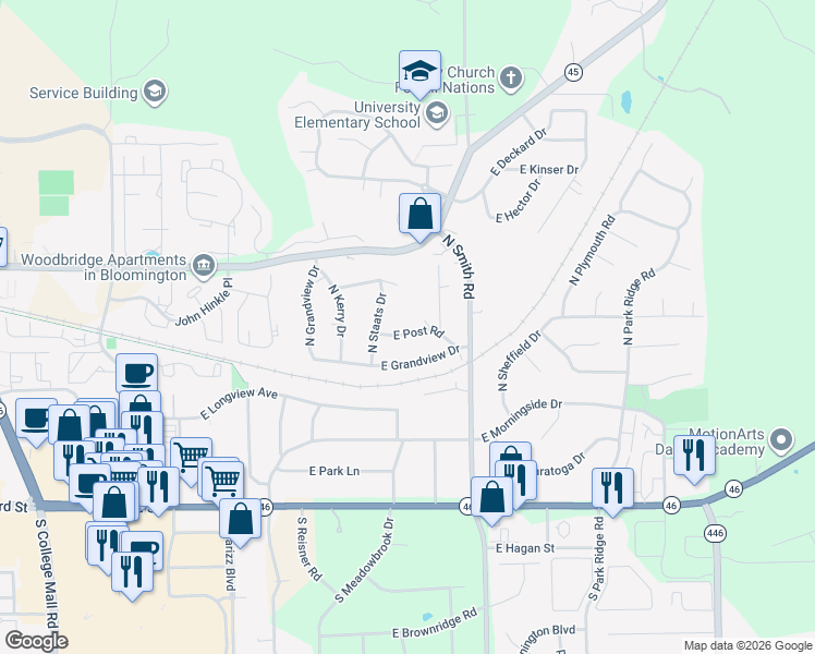 map of restaurants, bars, coffee shops, grocery stores, and more near 3601-3689 East Post Road in Bloomington