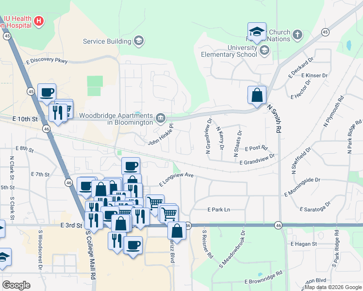 map of restaurants, bars, coffee shops, grocery stores, and more near 800 Bell Trace Circle in Bloomington