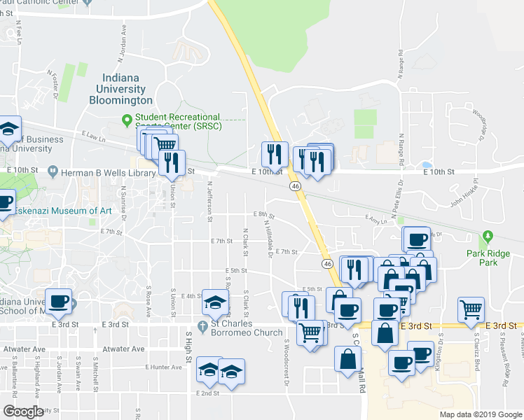 map of restaurants, bars, coffee shops, grocery stores, and more near 2501 East 8th Street in Bloomington