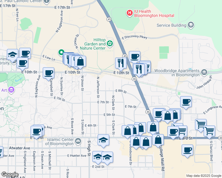 map of restaurants, bars, coffee shops, grocery stores, and more near 2400 East 8th Street in Bloomington