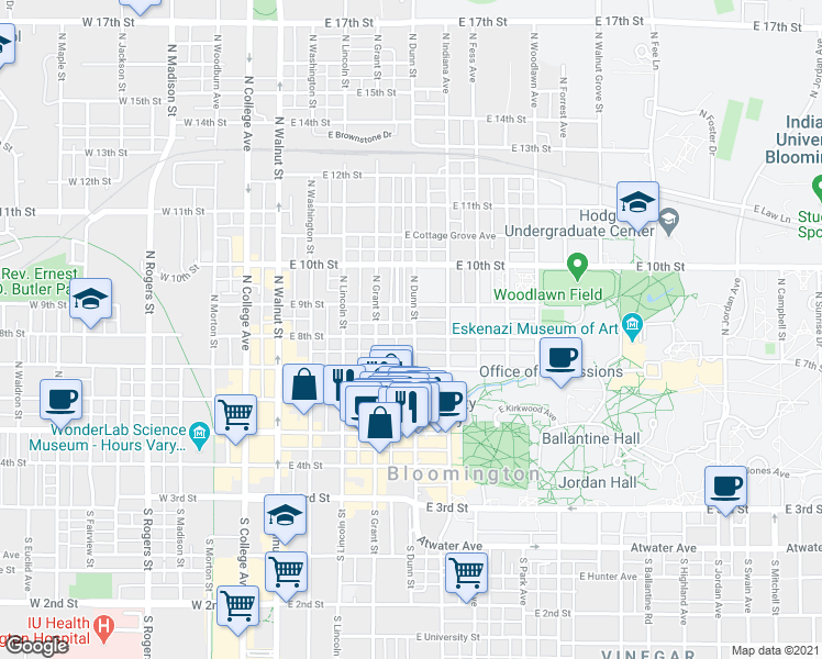map of restaurants, bars, coffee shops, grocery stores, and more near 418 East 8th Street in Bloomington