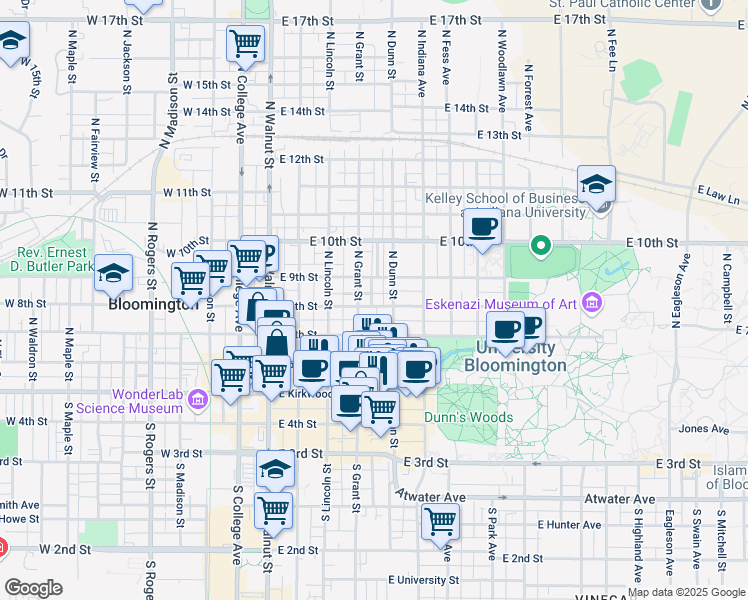 map of restaurants, bars, coffee shops, grocery stores, and more near 418 East 8th Street in Bloomington