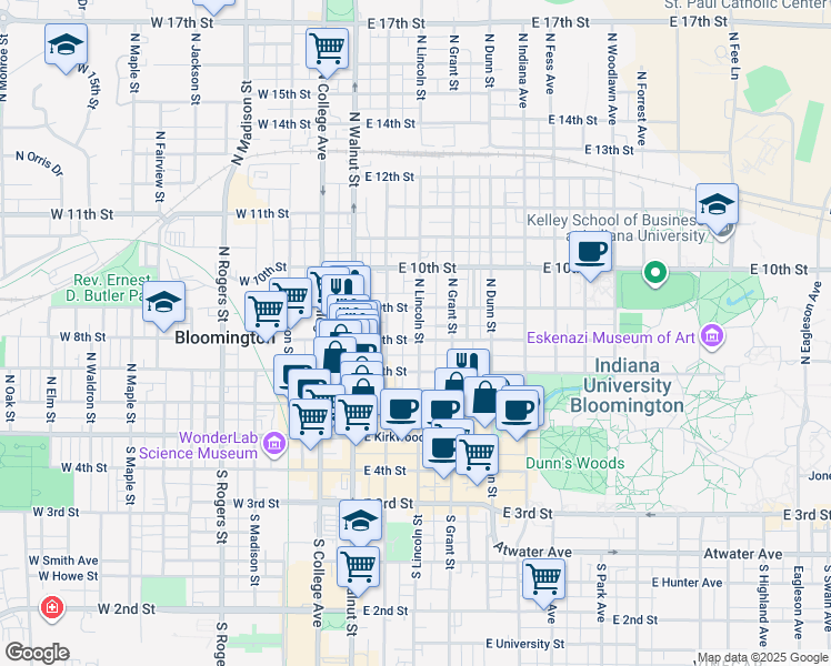 map of restaurants, bars, coffee shops, grocery stores, and more near 312 East 8th Street in Bloomington
