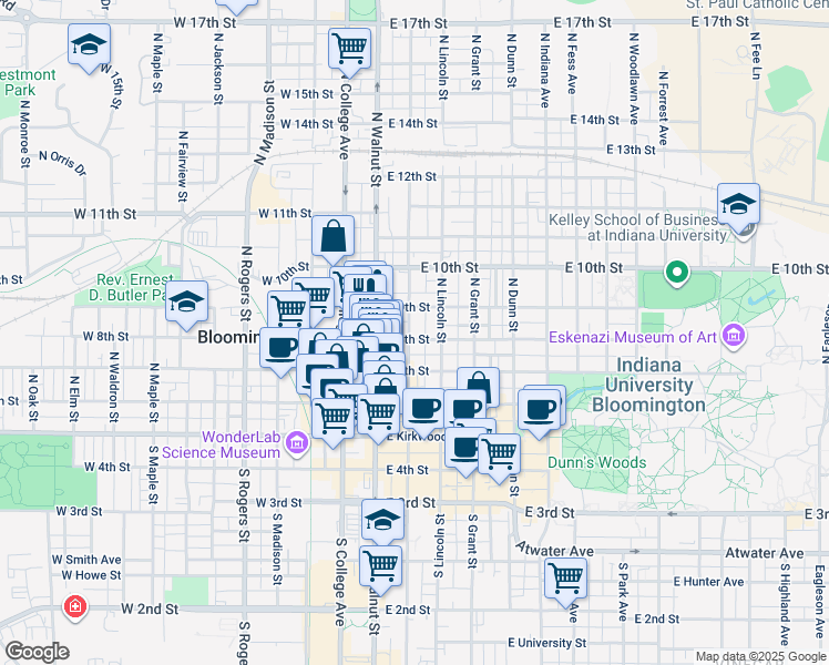 map of restaurants, bars, coffee shops, grocery stores, and more near 203 East 8th Street in Bloomington