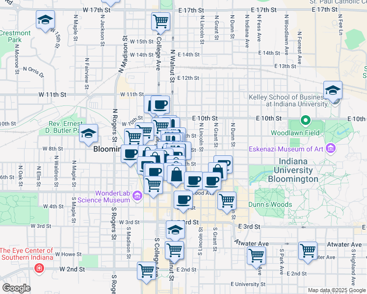 map of restaurants, bars, coffee shops, grocery stores, and more near 203 East 8th Street in Bloomington