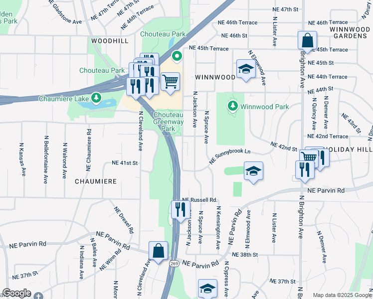 map of restaurants, bars, coffee shops, grocery stores, and more near 4133 Northeast Winn Road in Kansas City