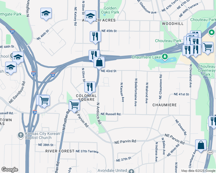 map of restaurants, bars, coffee shops, grocery stores, and more near 2600-2798,2601-2799 Northeast 42nd Street in Kansas City