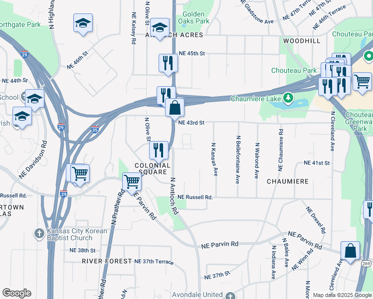 map of restaurants, bars, coffee shops, grocery stores, and more near 2600-2798,2601-2799 Northeast 42nd Street in Kansas City