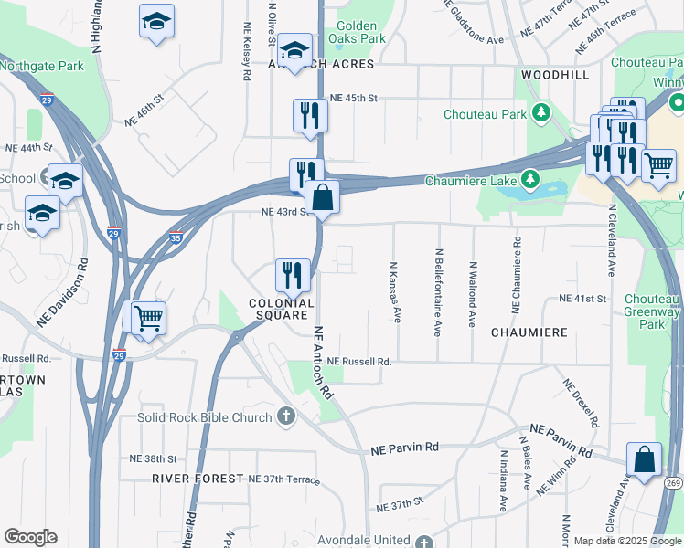 map of restaurants, bars, coffee shops, grocery stores, and more near 2600-2798,2601-2799 Northeast 42nd Street in Kansas City