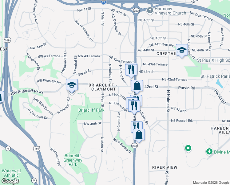 map of restaurants, bars, coffee shops, grocery stores, and more near 411 Northeast 43 Street in Kansas City