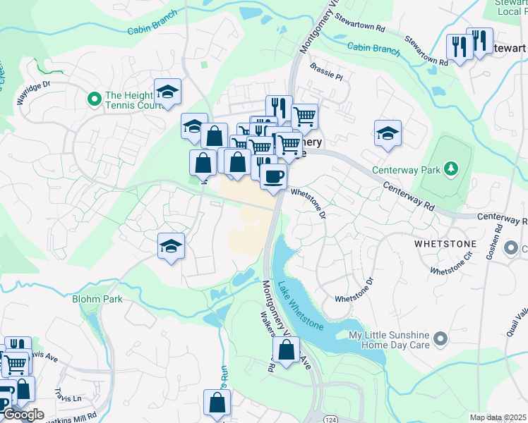 map of restaurants, bars, coffee shops, grocery stores, and more near 10024 Stedwick Road in Montgomery Village