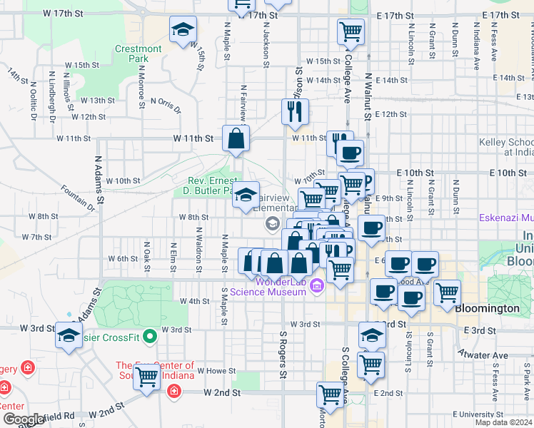 map of restaurants, bars, coffee shops, grocery stores, and more near 520 West 8th Street in Bloomington