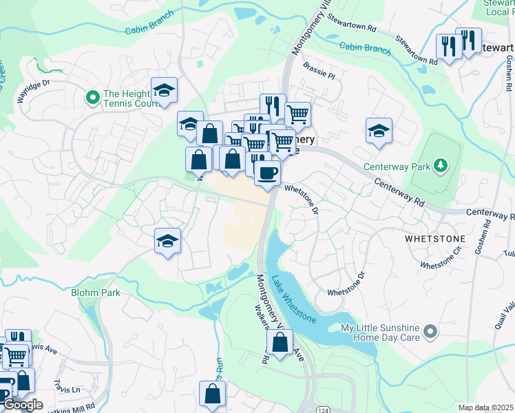 map of restaurants, bars, coffee shops, grocery stores, and more near 10026 Stedwick Road in Montgomery Village
