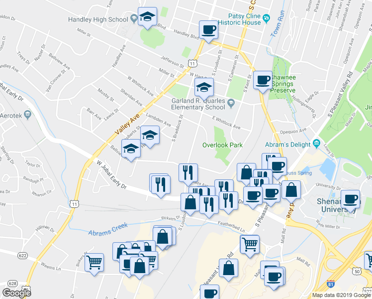 map of restaurants, bars, coffee shops, grocery stores, and more near 1620 South Loudoun Street in Winchester