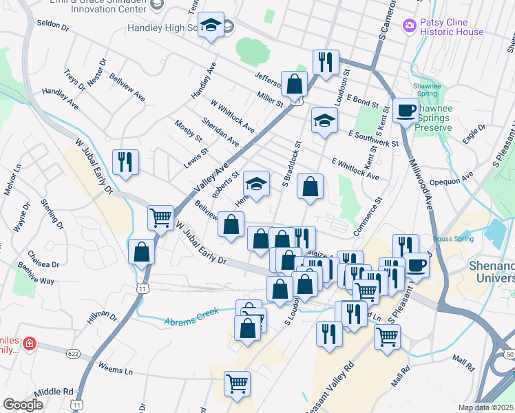 map of restaurants, bars, coffee shops, grocery stores, and more near 120 Bellview Avenue in Winchester