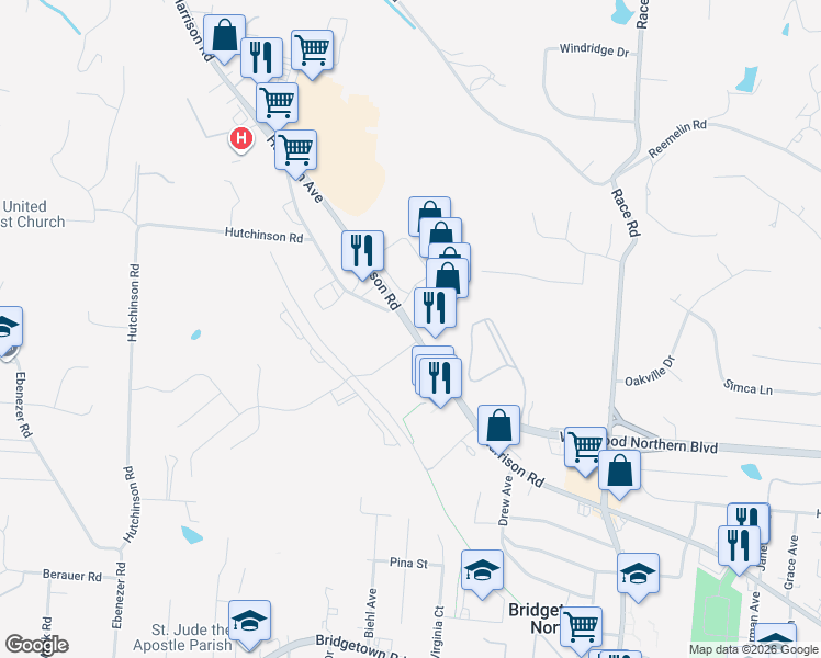 map of restaurants, bars, coffee shops, grocery stores, and more near 5715 Harrison Avenue in Cincinnati