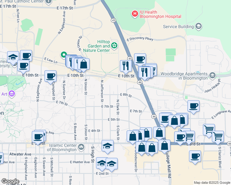map of restaurants, bars, coffee shops, grocery stores, and more near 2400 East 8th Street in Bloomington