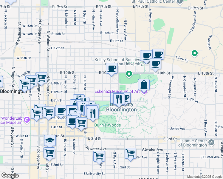 map of restaurants, bars, coffee shops, grocery stores, and more near 402 North Park Avenue in Bloomington