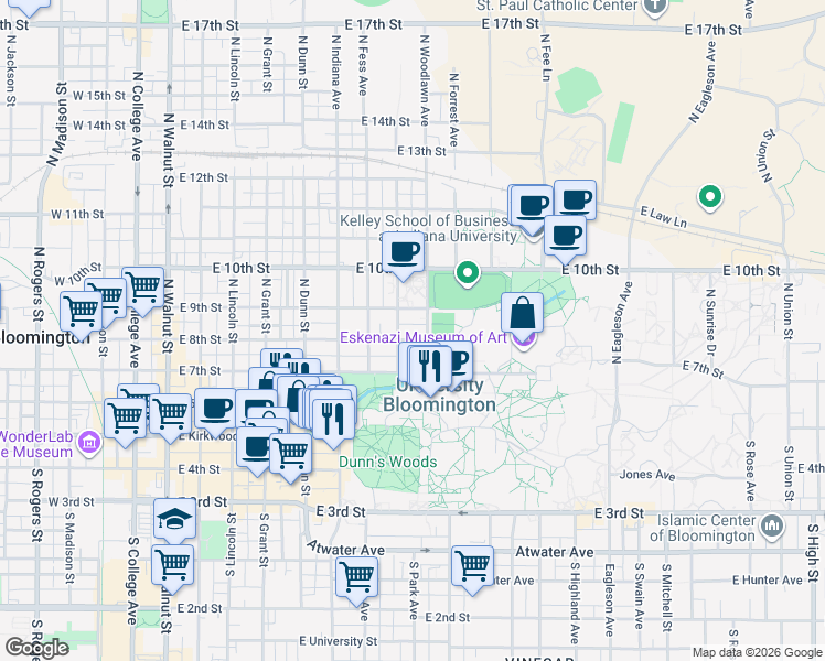 map of restaurants, bars, coffee shops, grocery stores, and more near 402 North Park Avenue in Bloomington