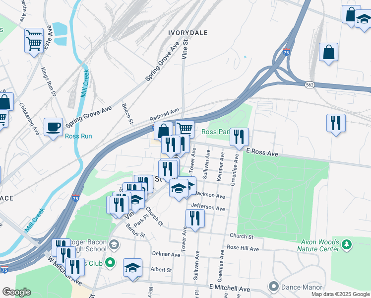 map of restaurants, bars, coffee shops, grocery stores, and more near 4940 Vine Street in Cincinnati
