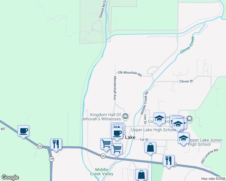 map of restaurants, bars, coffee shops, grocery stores, and more near 9895 Elk Mountain Road in Upper Lake