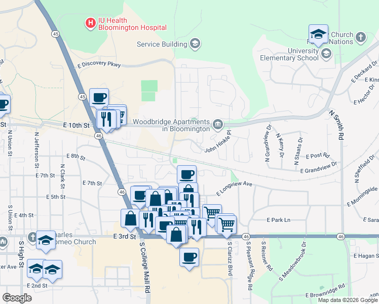 map of restaurants, bars, coffee shops, grocery stores, and more near 3210 John Hinkle Place in Bloomington