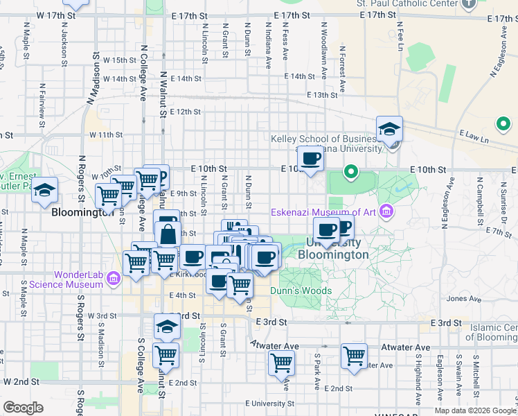 map of restaurants, bars, coffee shops, grocery stores, and more near 515 East 8th Street in Bloomington