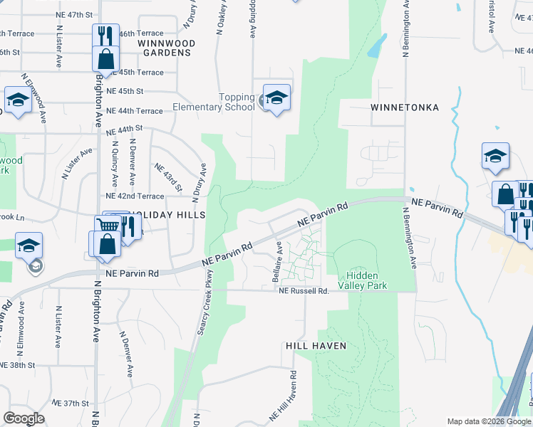 map of restaurants, bars, coffee shops, grocery stores, and more near 5822 Northeast 42 Street in Kansas City